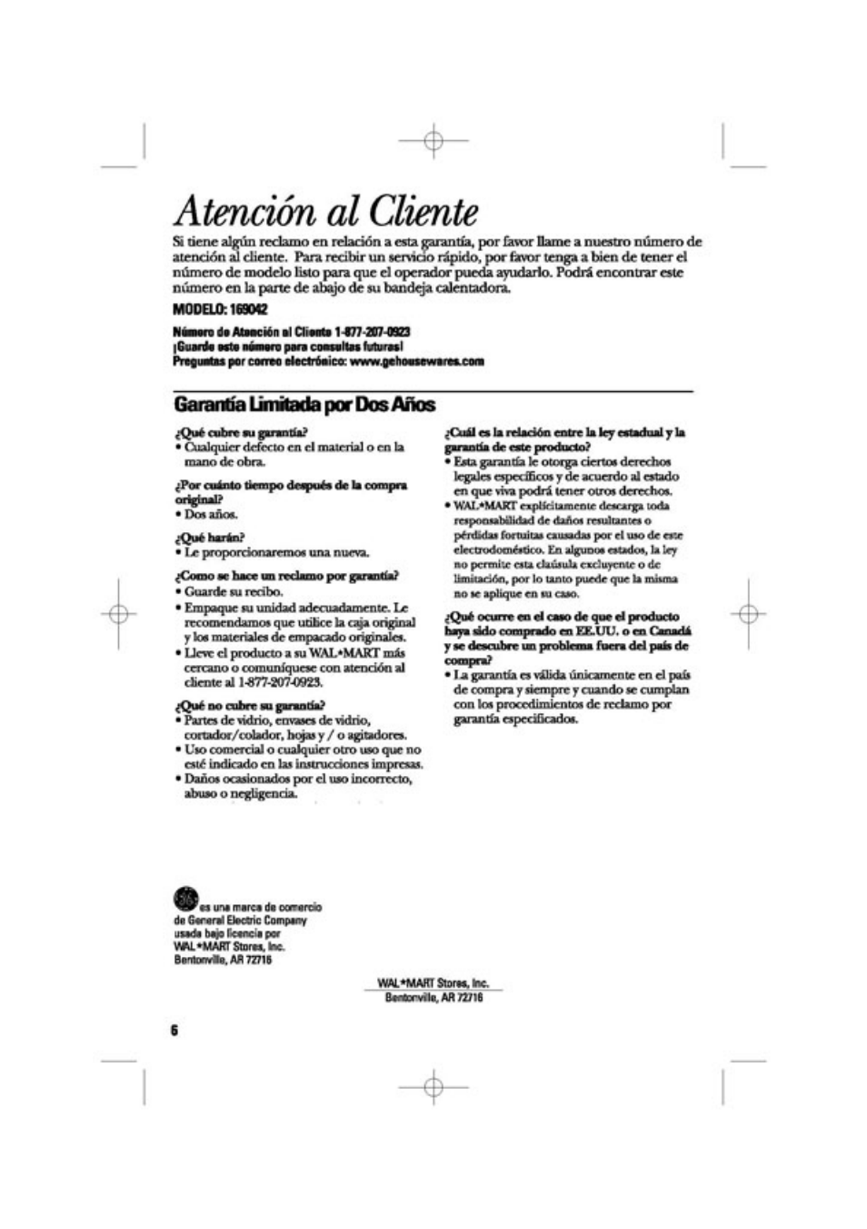 Atención al cliente, Garantía limitada por dos años | GE 169048 User Manual | Page 12 / 12