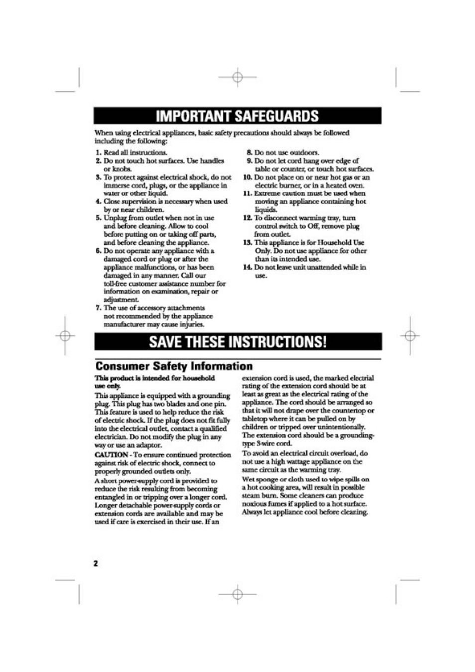 Consumer safety information, Important safeguards, Save these instructions | GE 169048 User Manual | Page 2 / 12