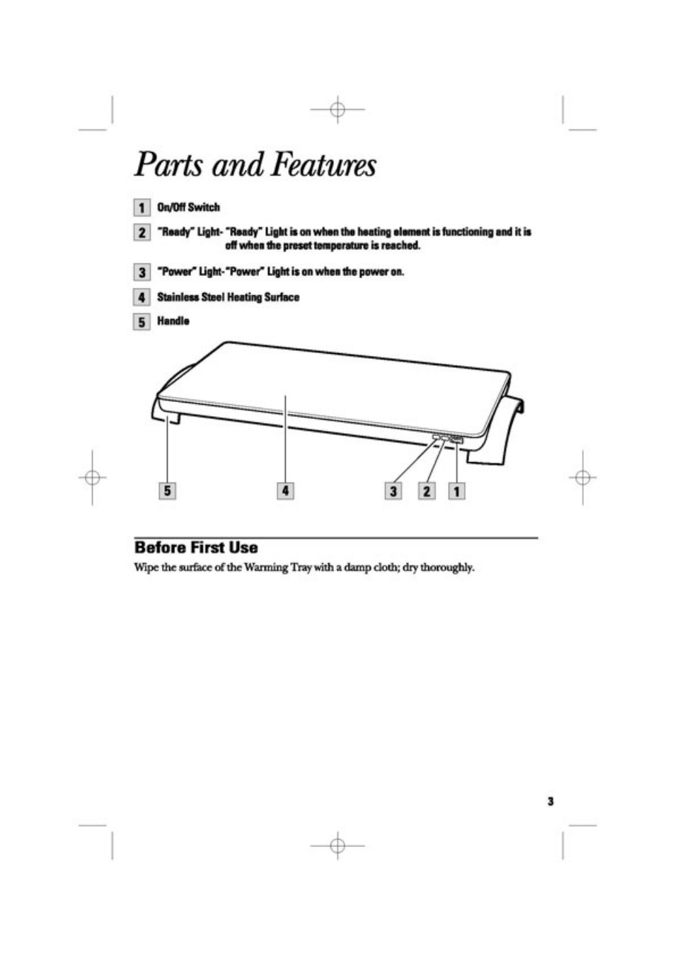 Parts and features, Parts and ferres, Before hrst use | GE 169048 User Manual | Page 3 / 12