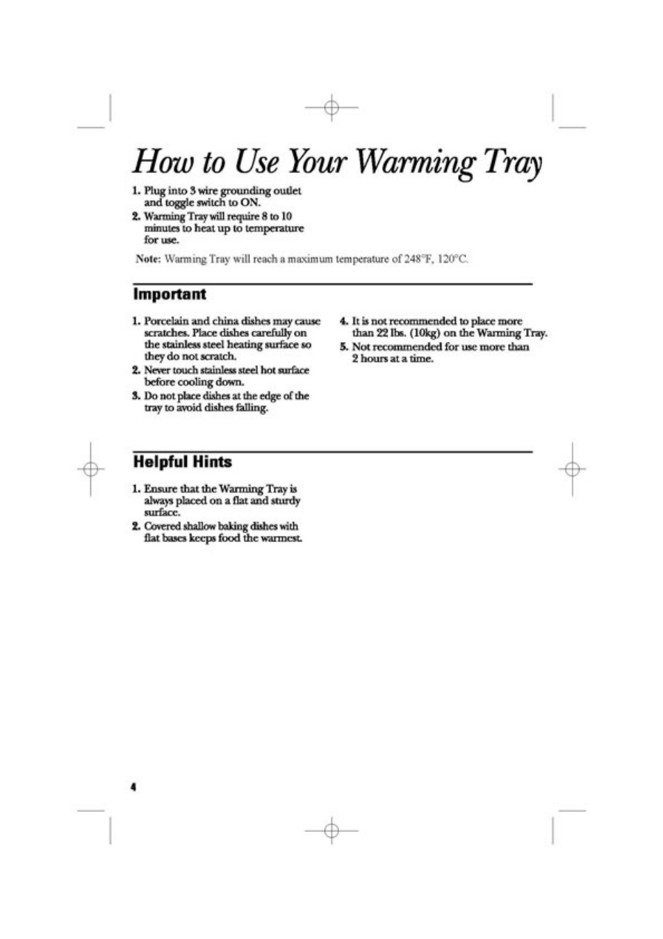 How to use your warming tray, Important, Helpful hints | GE 169048 User Manual | Page 4 / 12