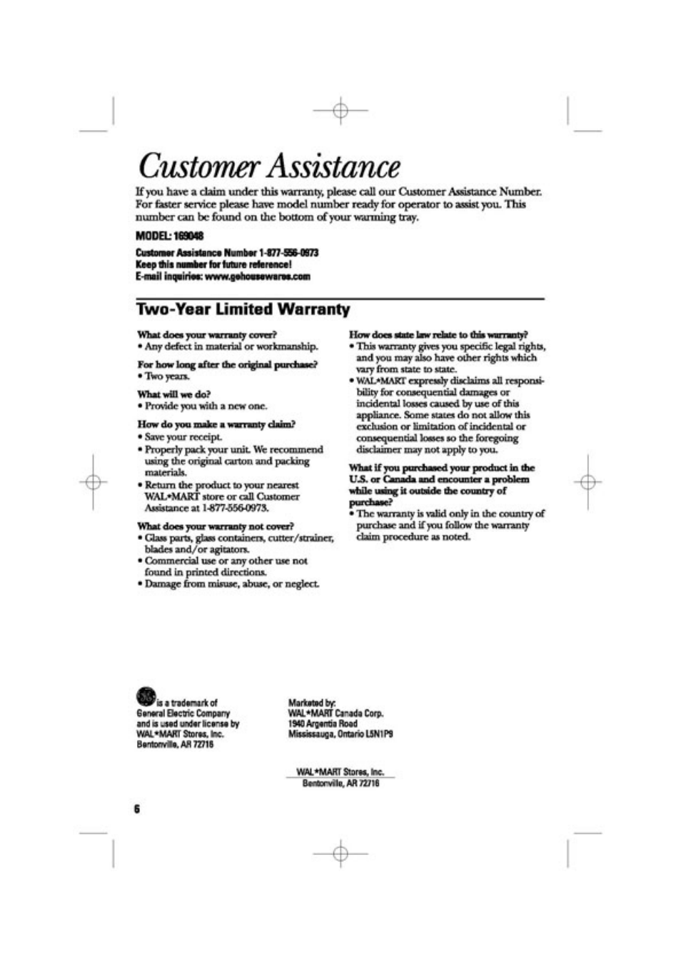 Customer assistance, Two-year limited warranty, Starbwdby | Wsl*mafft stoma, bic. bawvskarmil | GE 169048 User Manual | Page 6 / 12