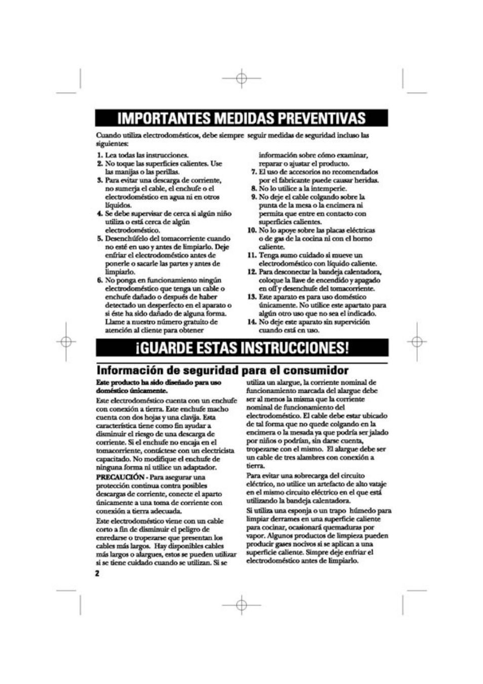 Información de seguridad para el consumidor, Pare pof, Importantes medidas preventivas | Íguarde estas instruccidnes | GE 169048 User Manual | Page 8 / 12