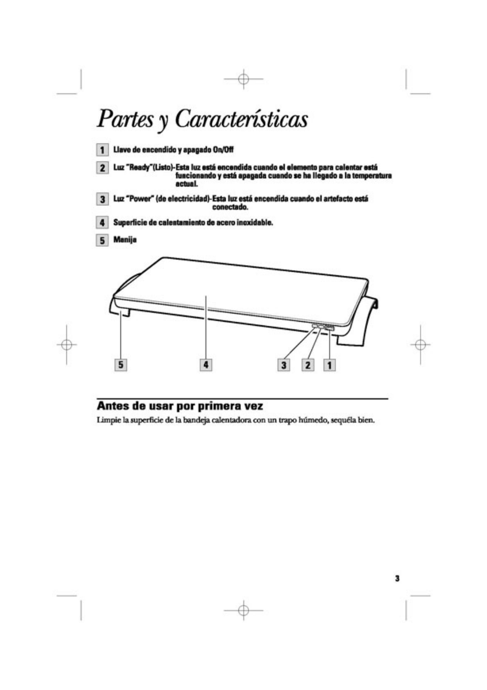 Partes y características, Antes de usar por primera vez | GE 169048 User Manual | Page 9 / 12