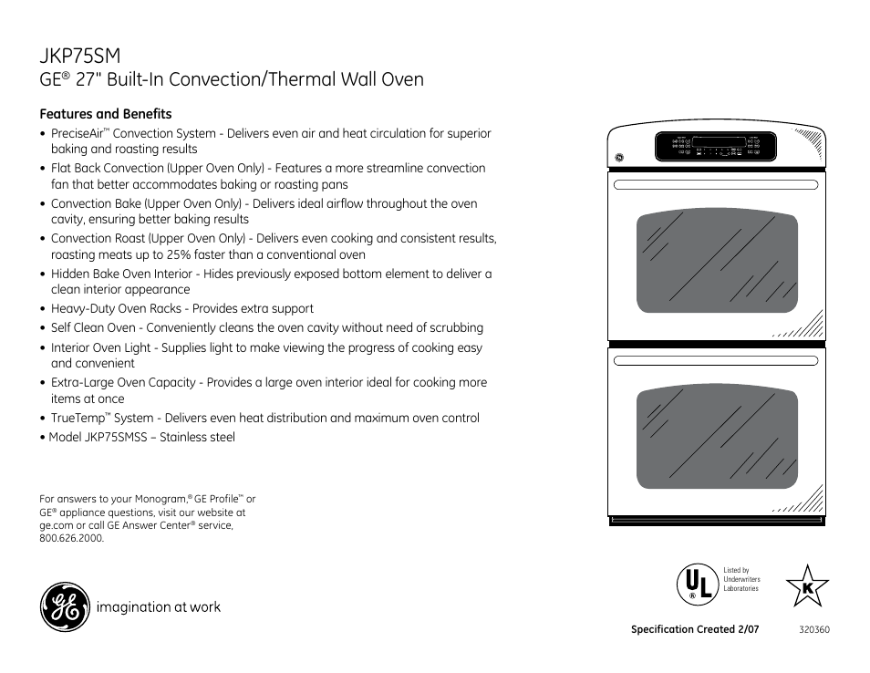 Jkp75sm, 27" built-in convection/thermal wall oven | GE JKP75SM User Manual | Page 2 / 2