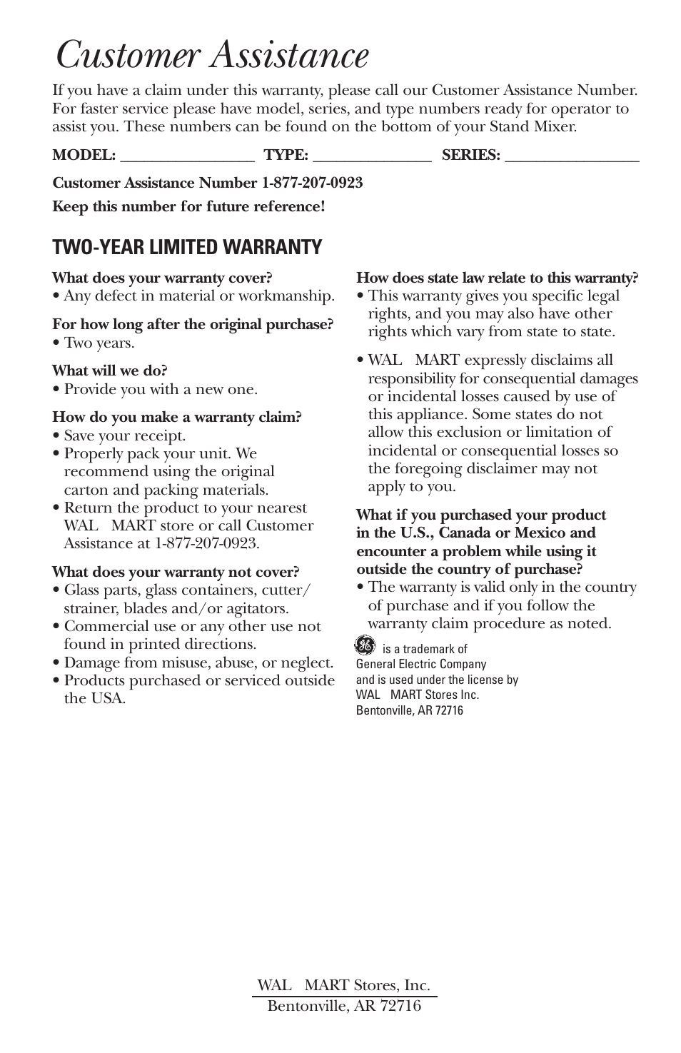 Customer assistance, Two-year limited warranty | GE 681131689496 User Manual | Page 12 / 12