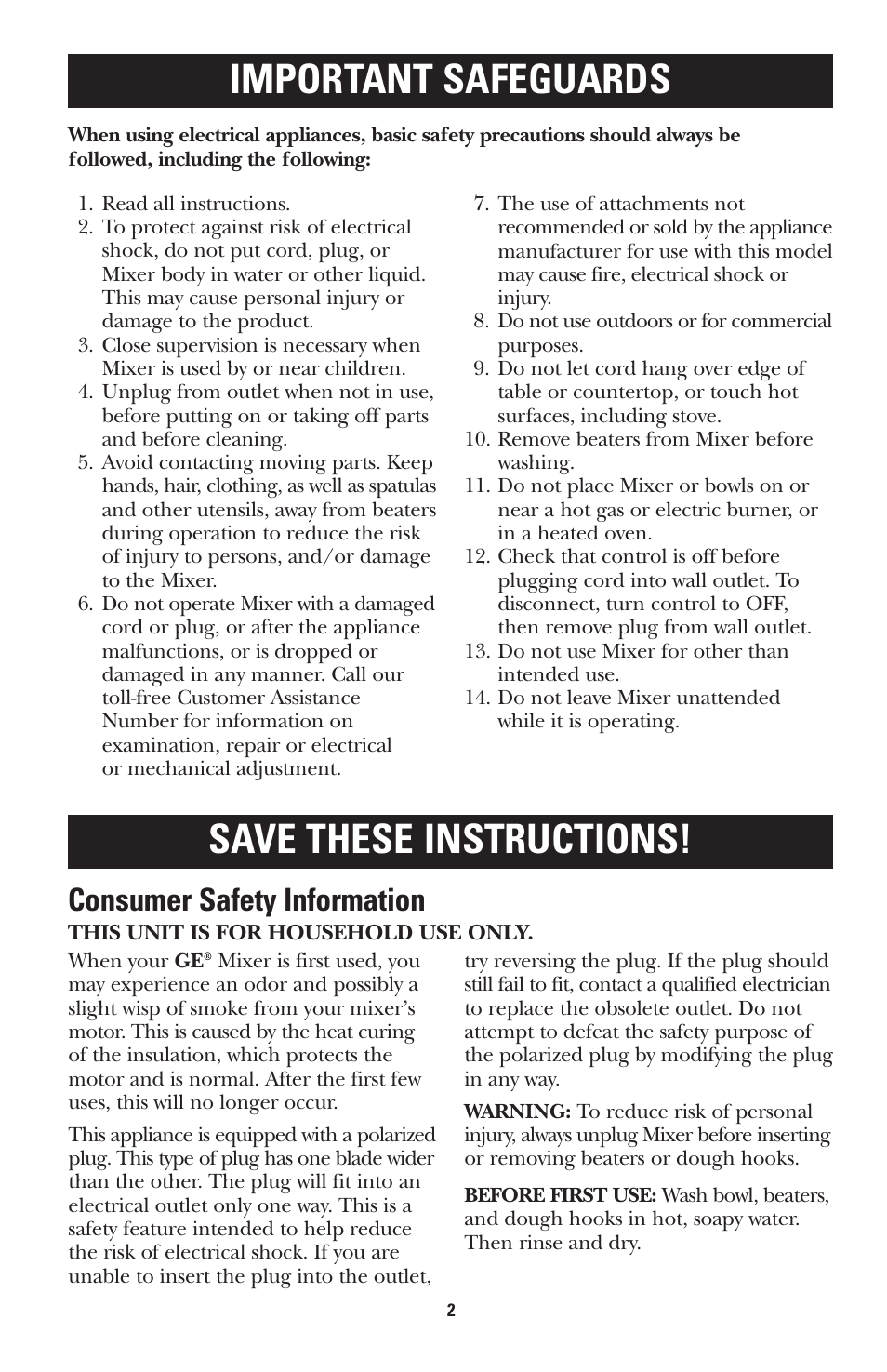 Important safeguards save these instructions, Consumer safety information | GE 681131689496 User Manual | Page 2 / 12