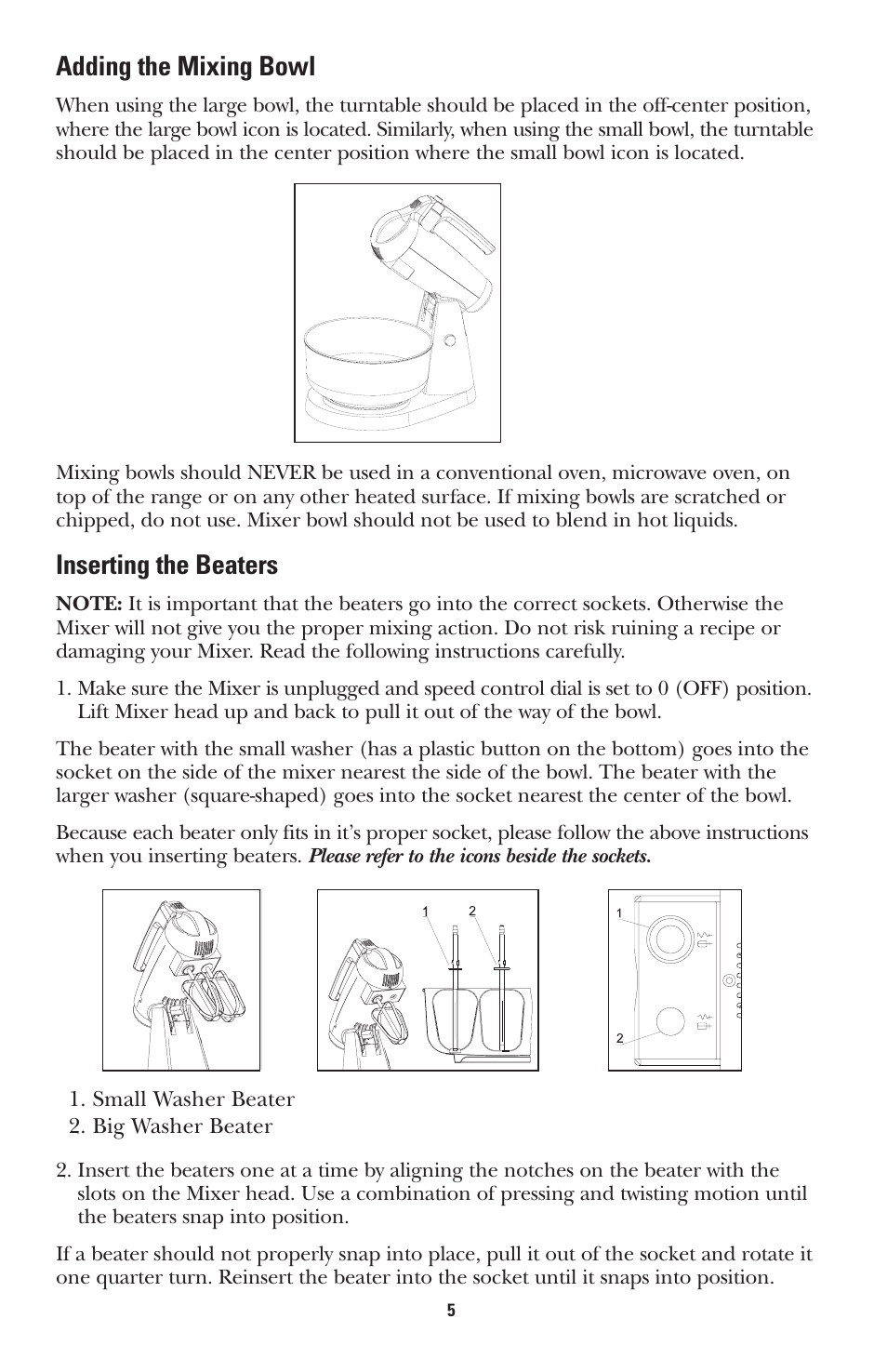 Adding the mixing bowl, Inserting the beaters | GE 681131689496 User Manual | Page 5 / 12