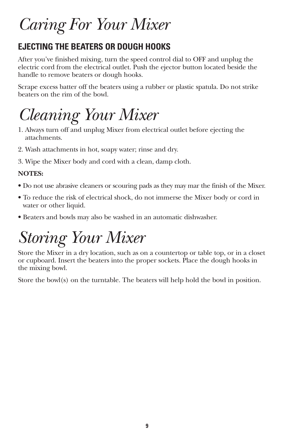 Caring for your mixer, Cleaning your mixer, Storing your mixer | GE 681131689496 User Manual | Page 9 / 12