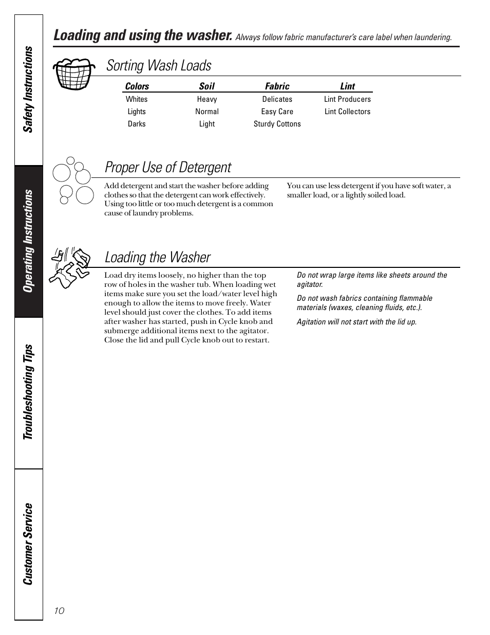 Loading and using the washer, Loading and using the washer , 11, Sorting wash loads proper use of detergent | Loading the washer | GE WWSR3130 User Manual | Page 10 / 16