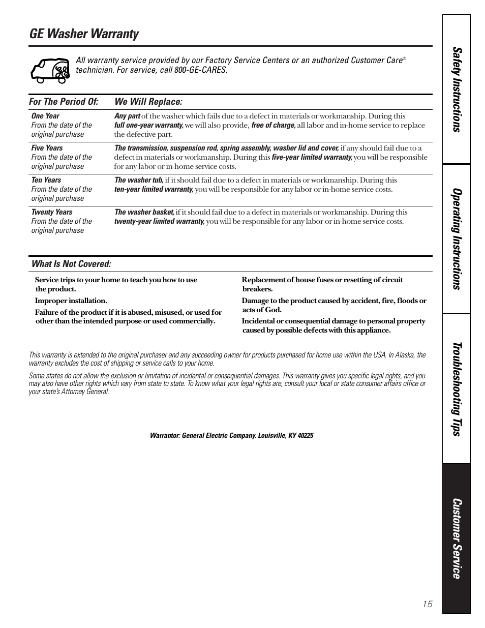 Warranty, Ge washer warranty | GE WWSR3130 User Manual | Page 15 / 16