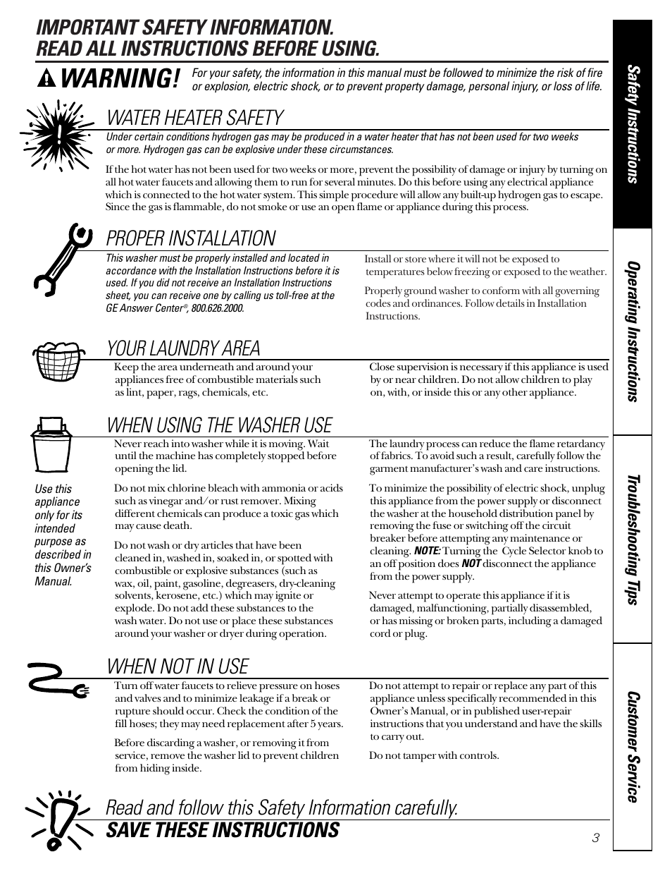 Safety information, Warning, Water heater safety | Proper installation, Your laundry area, When using the washer use | GE WWSR3130 User Manual | Page 3 / 16