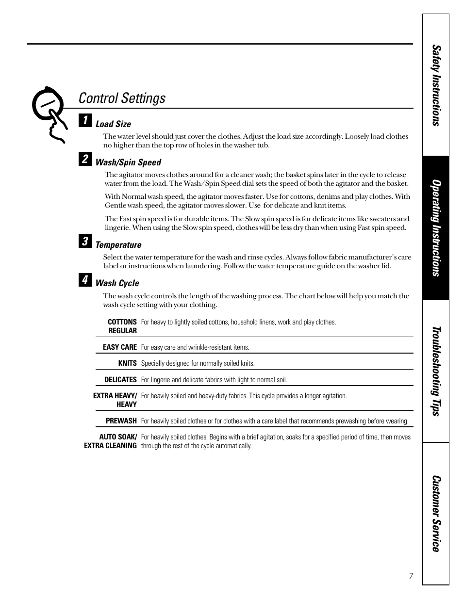Control settings | GE WWSR3130 User Manual | Page 7 / 16