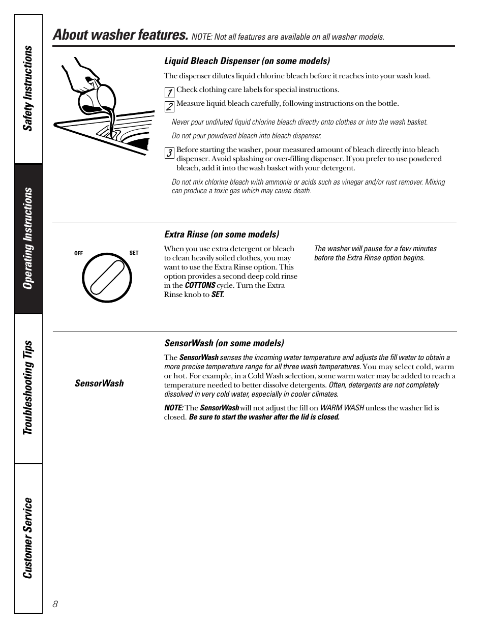 Features, Features , 9, About washer features | GE WWSR3130 User Manual | Page 8 / 16