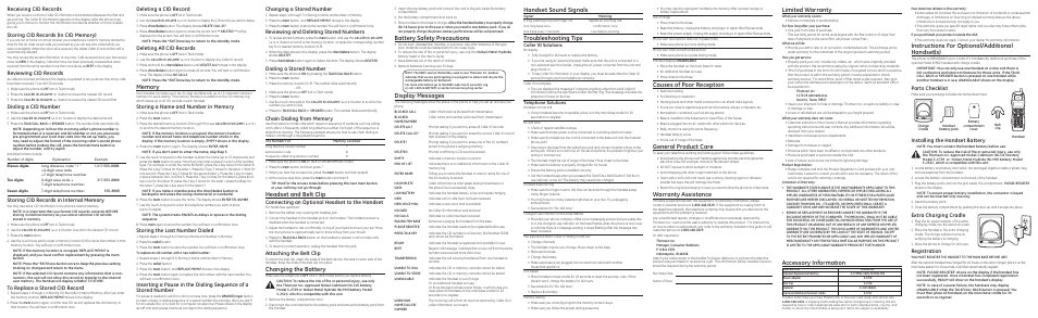 Handset sound signals, Troubleshooting tips, Limited warranty | Instructions for optional/additional handset(s), Causes of poor reception, General product care, Warranty assistance, Accessory information, Headset and belt clip, Changing the battery | GE 25932 User Manual | Page 2 / 2