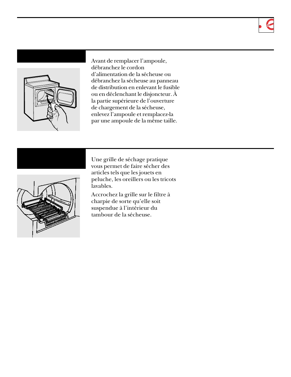 Lampe du tambour, Grille de séchage | GE UPSQ495ET User Manual | Page 33 / 74