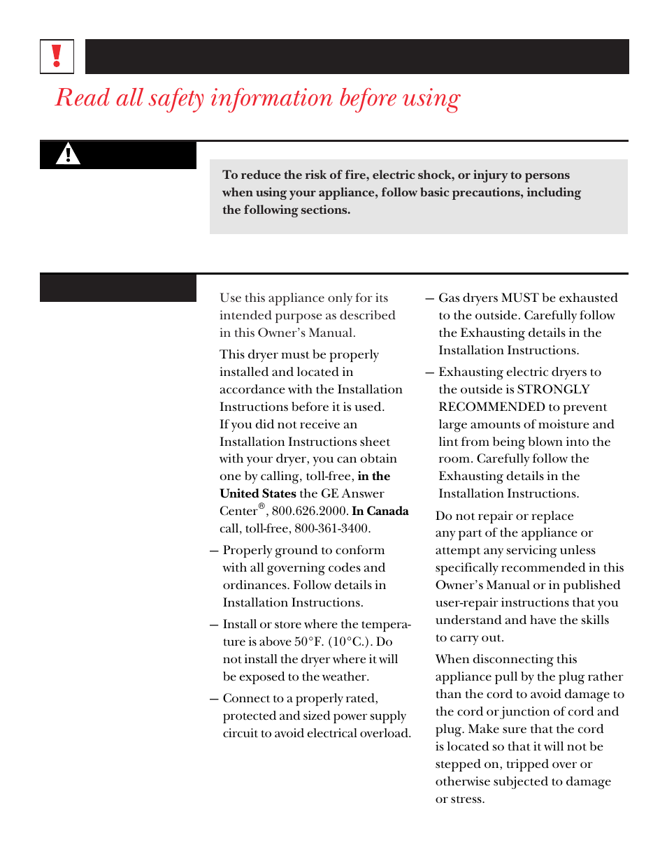 Read all safety information before using, Important safety information | GE UPSQ495ET User Manual | Page 4 / 74