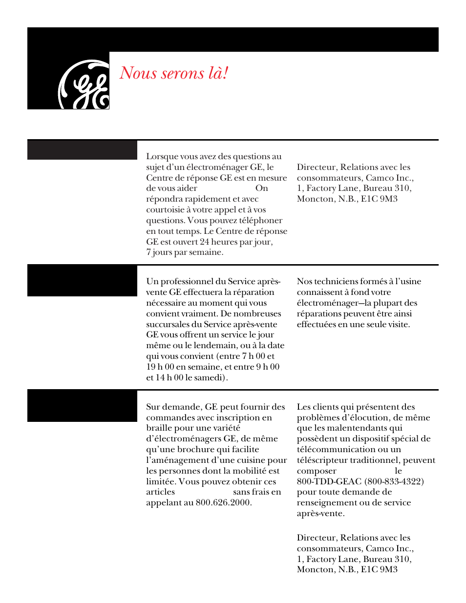 Nous serons là, Numéros de service ge | GE UPSQ495ET User Manual | Page 44 / 74