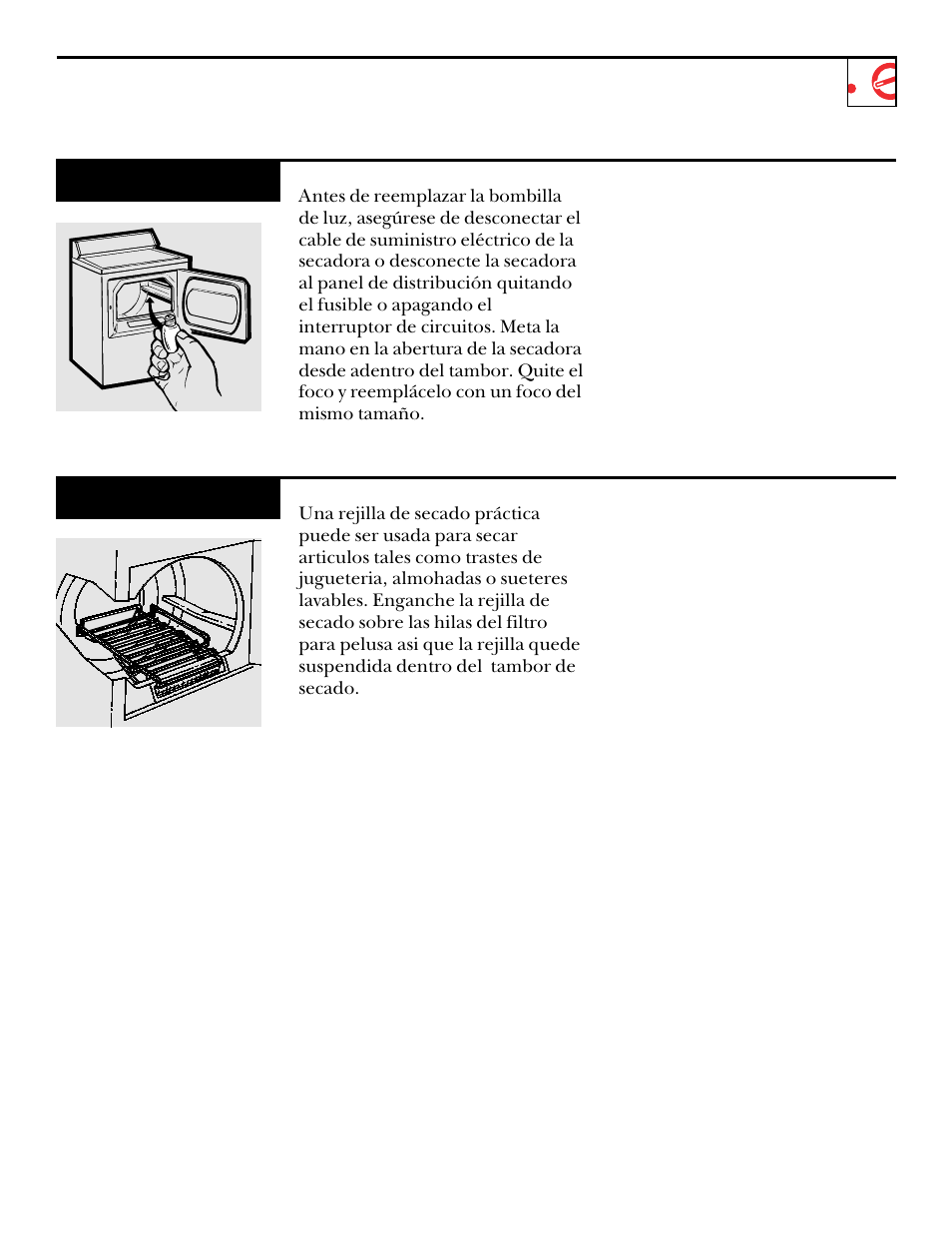 Luz del tambor, Rejilla de secado | GE UPSQ495ET User Manual | Page 59 / 74