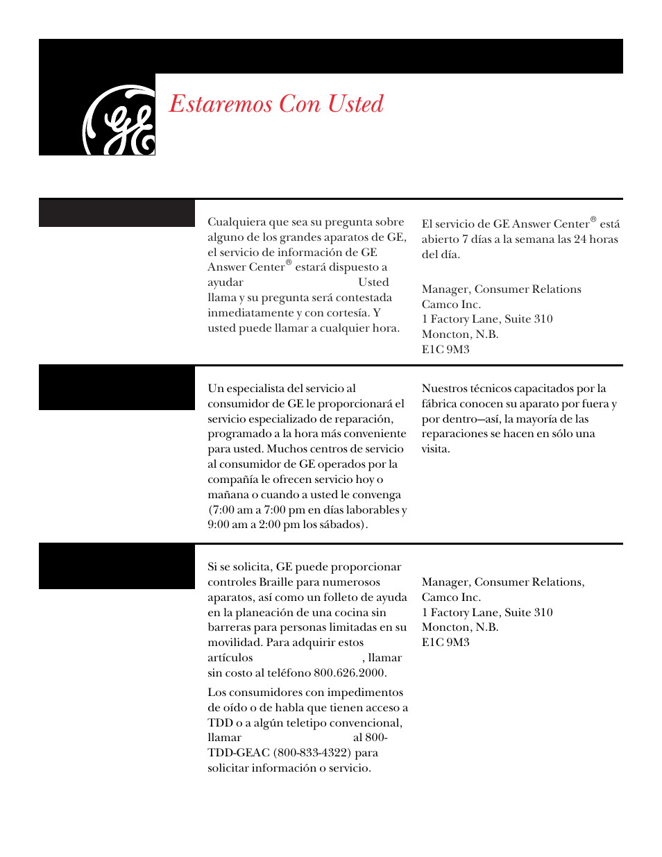 Estaremos con usted, Números de servicio de ge | GE UPSQ495ET User Manual | Page 70 / 74