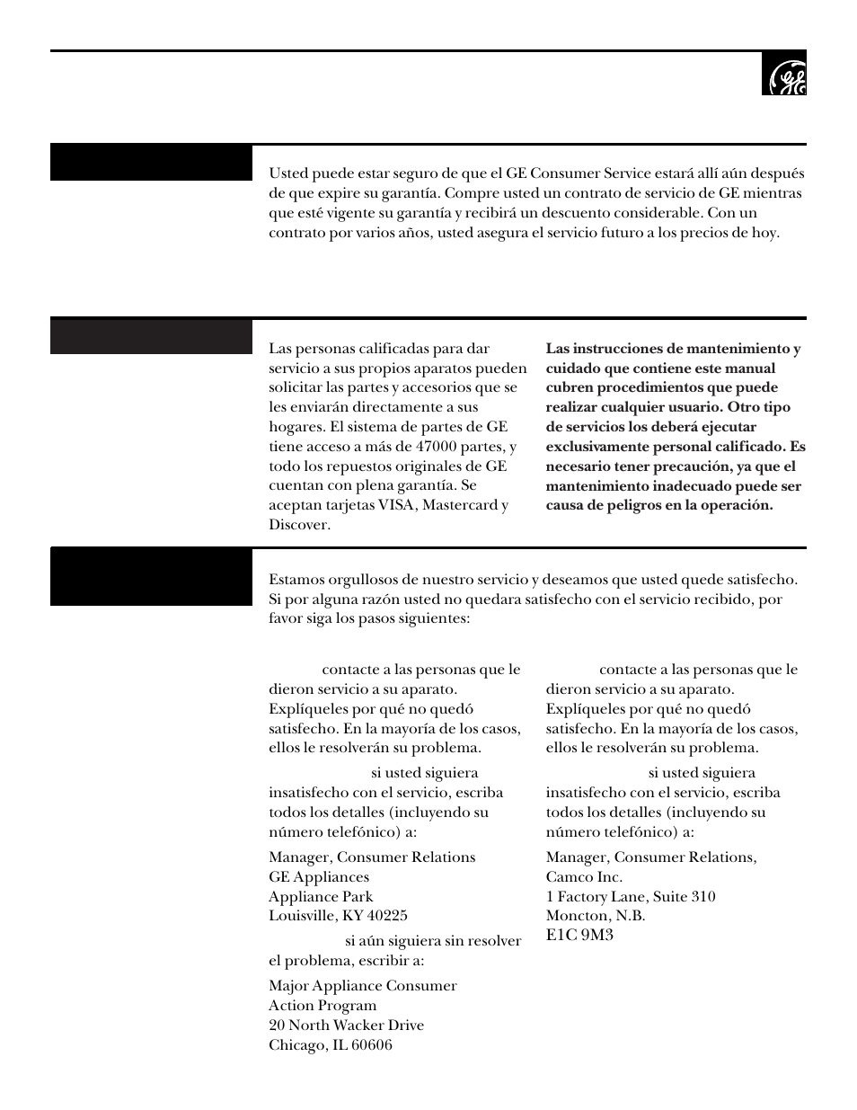 Partes y accesorios si se necesita servicio | GE UPSQ495ET User Manual | Page 71 / 74
