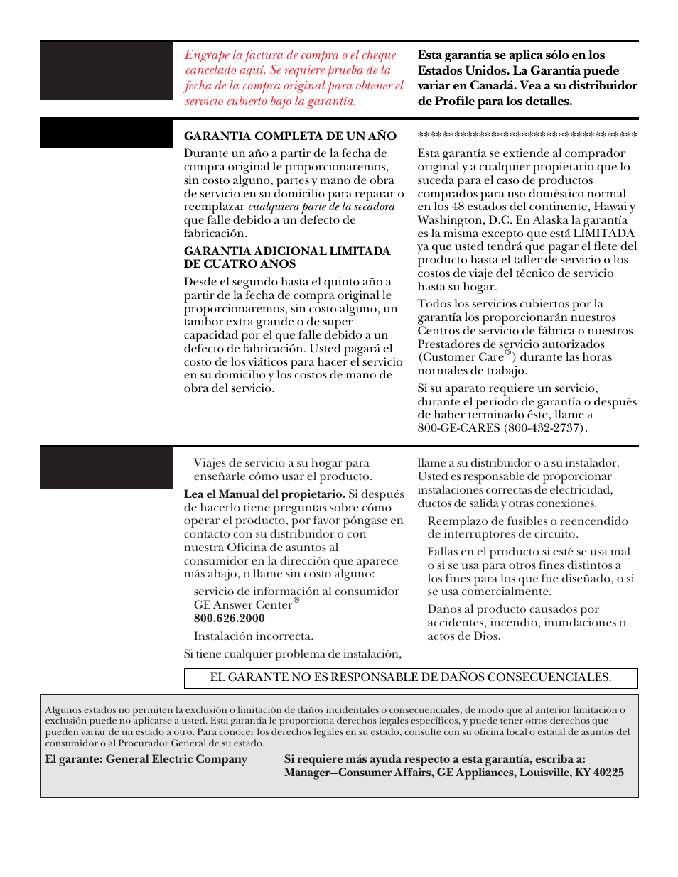 Garantia de la secadora, Qué está cubierto, Qué no está cubierto | GE UPSQ495ET User Manual | Page 72 / 74