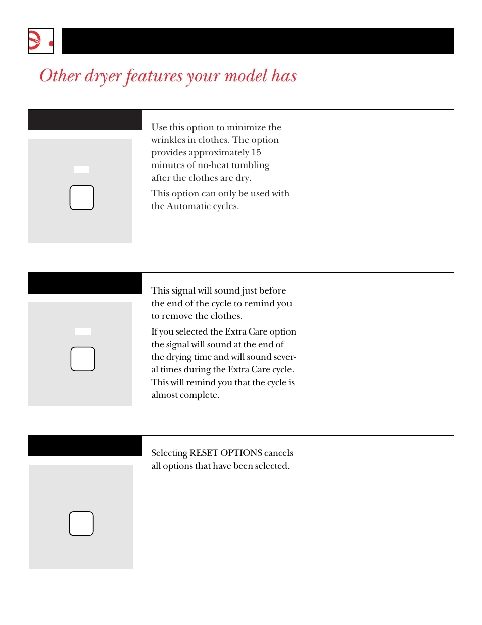 Other dryer features, Other dryer features your model has, Operating instructions | GE UPSQ495ET User Manual | Page 9 / 74