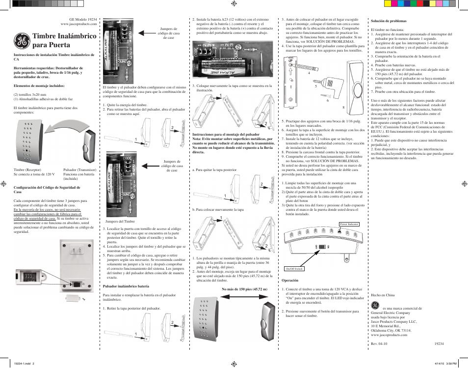 Timbre inalámbrico para puerta | GE 19234 User Manual | Page 2 / 2