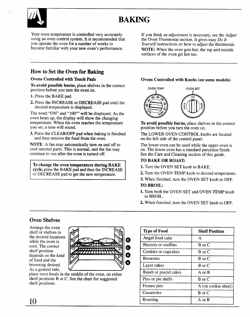 Baking, How to set the oven for baking, Oven shelves | GE JRP14 User Manual | Page 10 / 28