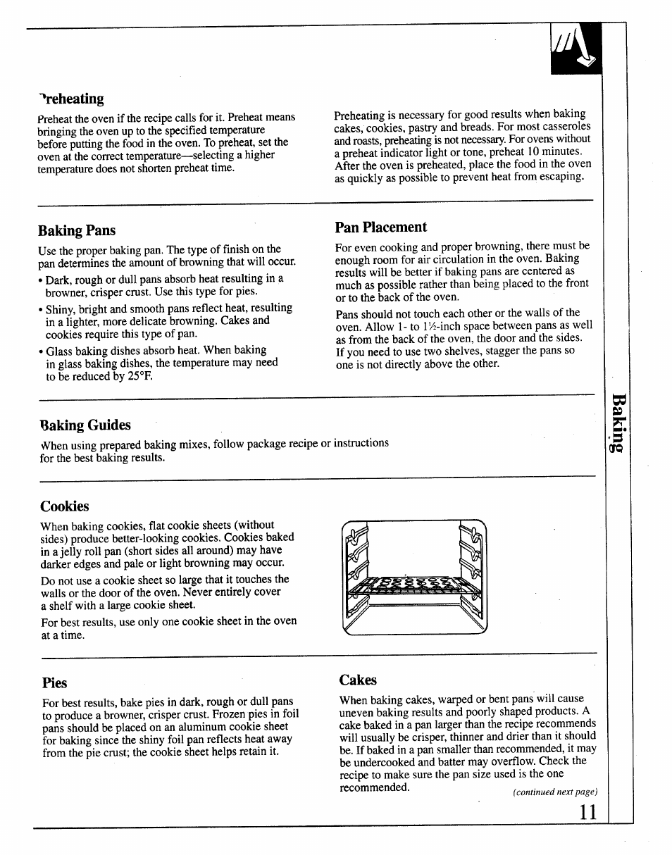 Reheating, Baking pans, Pan placement | Baking guides, Cookies, Pies, Cakes | GE JRP14 User Manual | Page 11 / 28