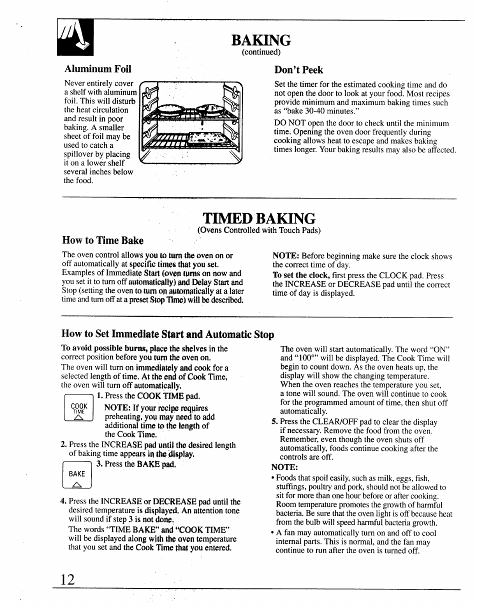 Don’t peek, Timed baking, How to set immediate start and automatic stop | Timed baking ,13, Baking | GE JRP14 User Manual | Page 12 / 28