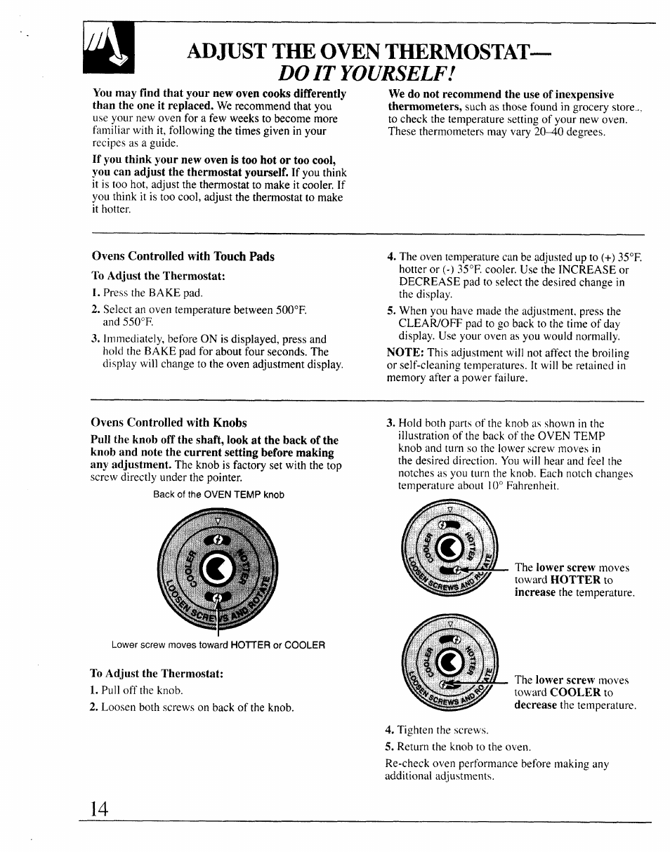 Adjust the oven thermostat- do/t fowiself, Ge answer center’^ 800.626.2000, Do/t fowiself | Adjust the oven thermostat | GE JRP14 User Manual | Page 14 / 28