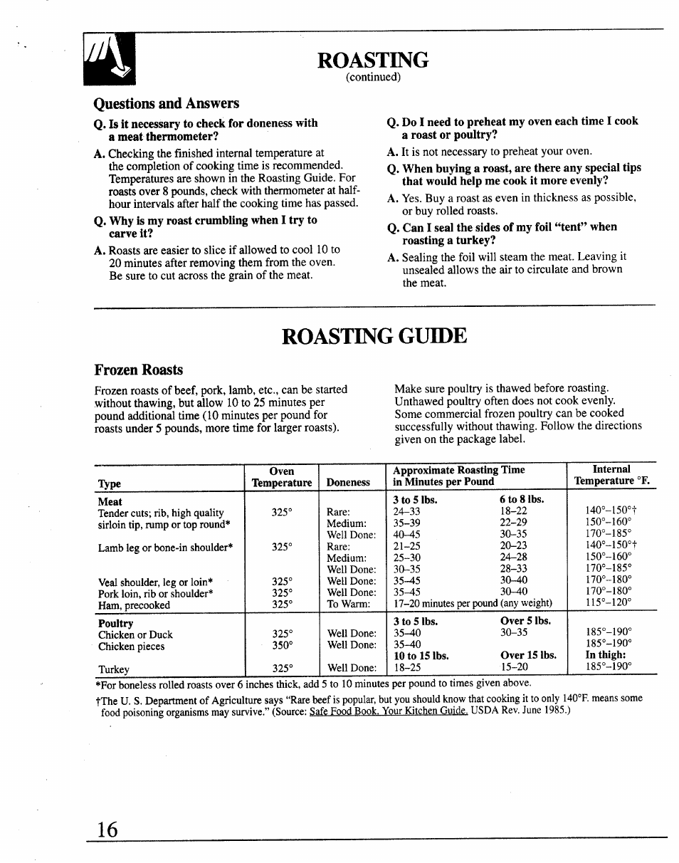 Roasting, Questions and answers, Roasting guide | Frozen roasts | GE JRP14 User Manual | Page 16 / 28