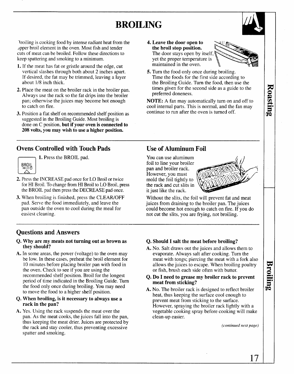 Ovens controlled with touch pads, Use of aluminum foil, Questions and answers | Broiling, broiling guide, Broiling wy | GE JRP14 User Manual | Page 17 / 28