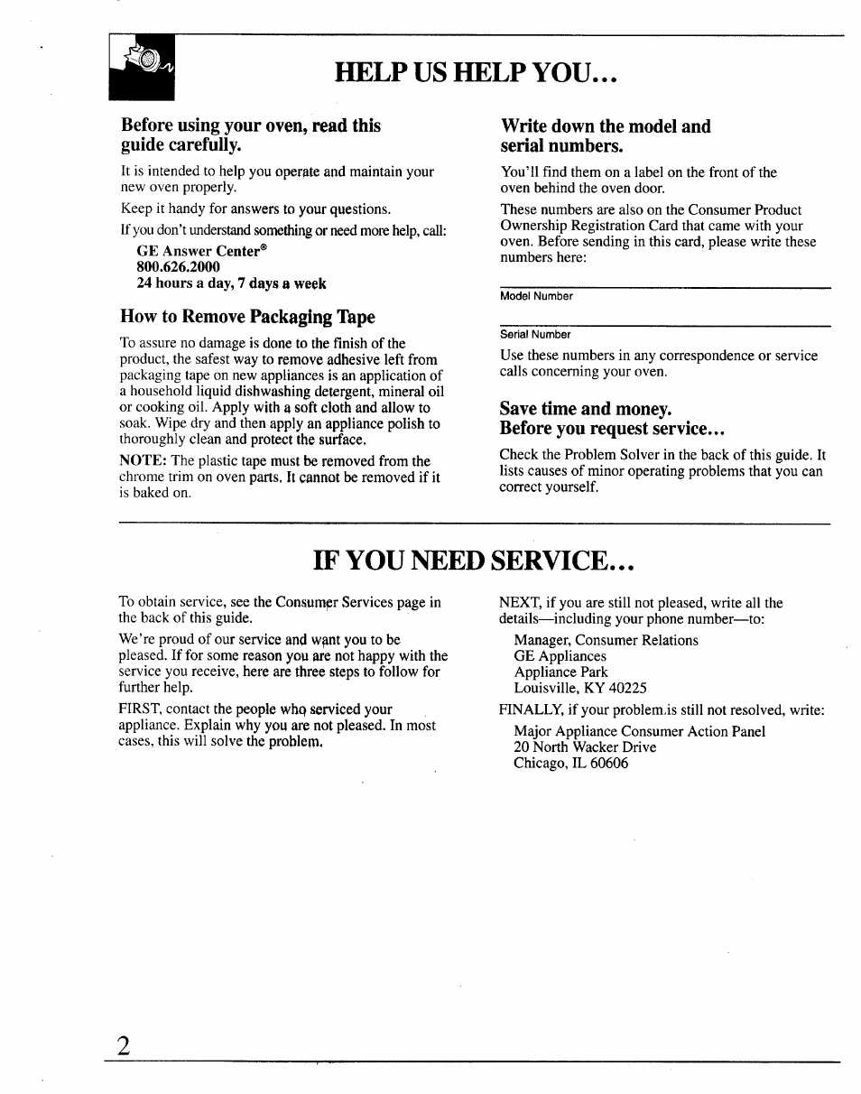 Help us help you, Before using your oven, read this guide carefully, How to remove packaging tape | Write down the model and serial numbers, Save time and money, Before you request service, If you need service, Removal of packaging tape | GE JRP14 User Manual | Page 2 / 28
