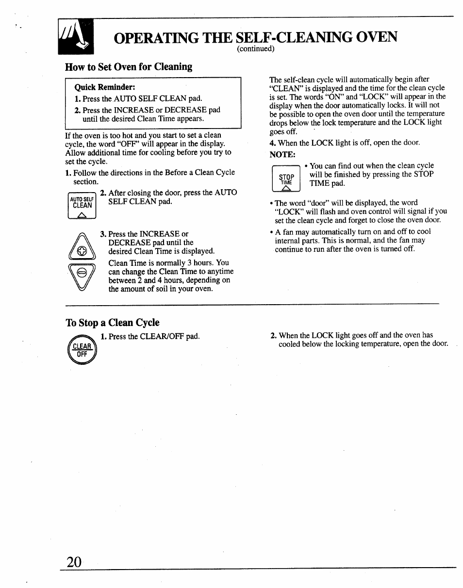 Operating the self-cleaning oven, How to set oven for cleaning, To stop a clean cycle | GE JRP14 User Manual | Page 20 / 28