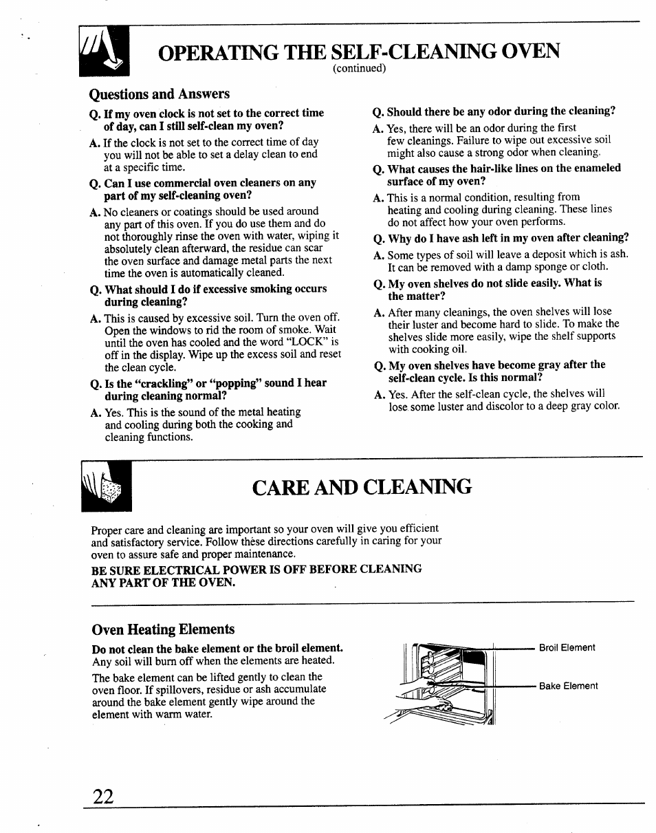 Operating the self-cleaning oven, Questions and answers, Care and cleaning | Oven heating elements | GE JRP14 User Manual | Page 22 / 28