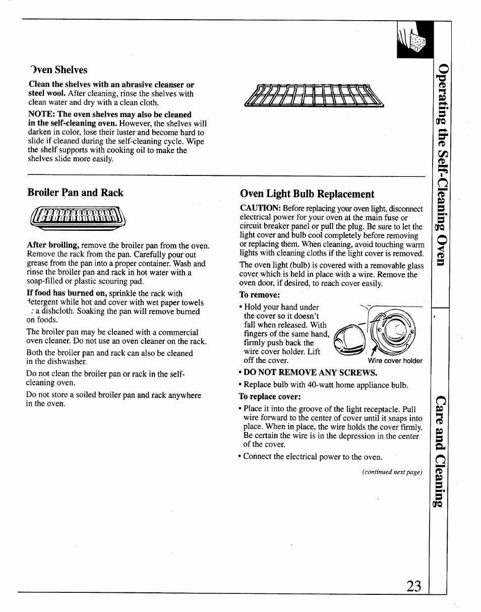 Iven shelves, Broiler pan and rack, Oven light bulb replacement | GE JRP14 User Manual | Page 23 / 28