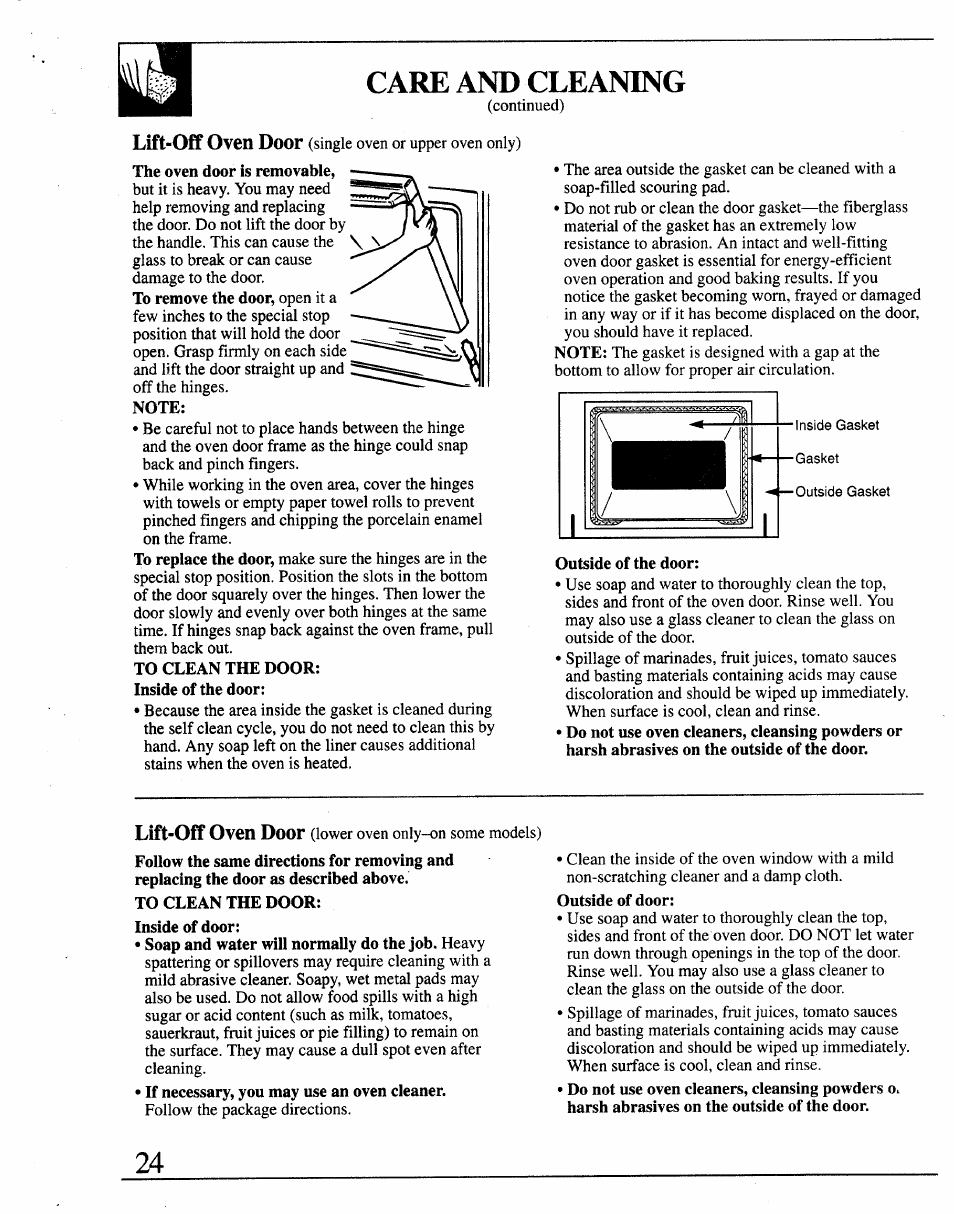 Care and cleaning, Lift-off oven door | GE JRP14 User Manual | Page 24 / 28