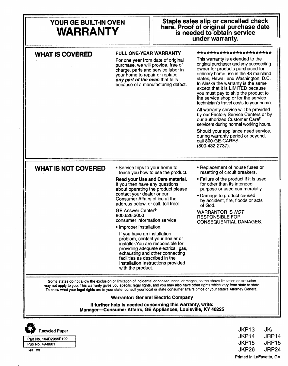 Warranty............................back cover, Warranty, Your ge built-in oven | What is not covered | GE JRP14 User Manual | Page 28 / 28