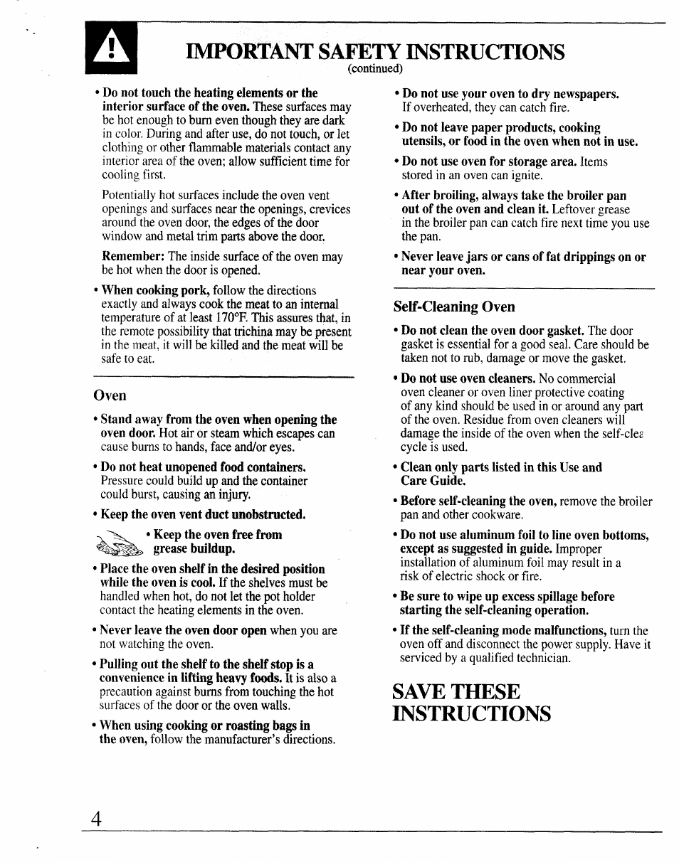 Oven, Self-cleaning oven, Save these instructions | Aluminum foil , 12, 17 | GE JRP14 User Manual | Page 4 / 28