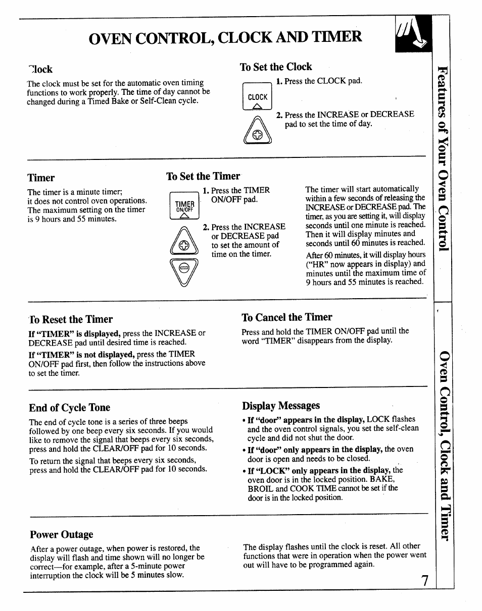 Oven control, clock and timer, Lock, To set the clock | Timer, To set the timer, To reset the timer, To cancel the timer, End of cycle tone, Display messages, Power outage | GE JRP14 User Manual | Page 7 / 28