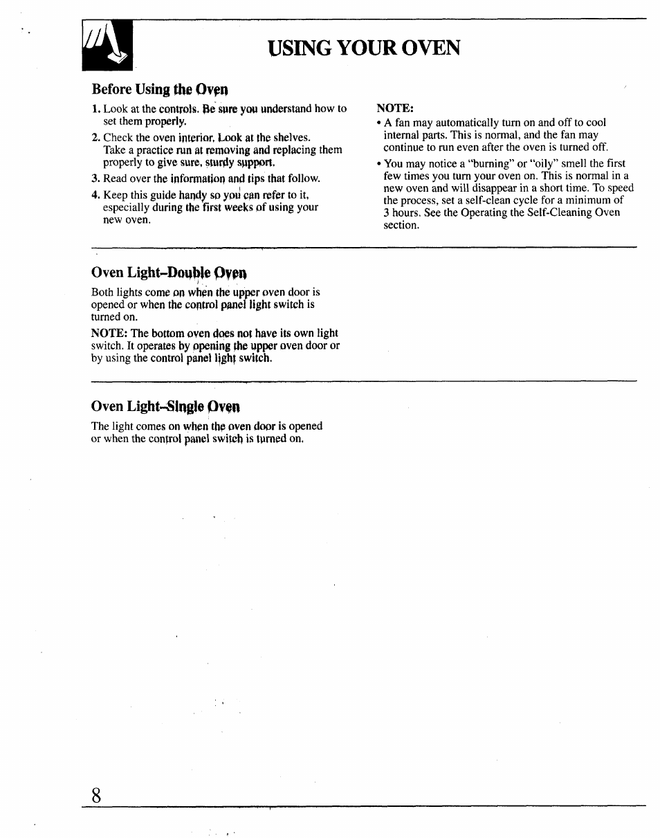 Using your oven, Before using the ov^n, Oven light-dobhle pf bh | Oven light-single pv«h | GE JRP14 User Manual | Page 8 / 28