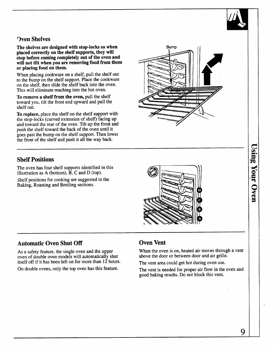 Oven shelves, Shelf positions, Automatic oven shut off | Oven vent | GE JRP14 User Manual | Page 9 / 28