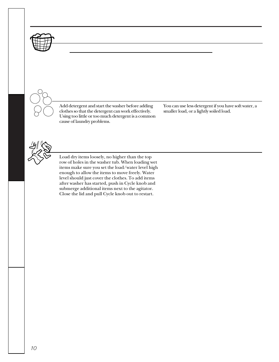 Loading and using the washer, Loading and using the washer , 11, Sorting wash loads proper use of detergent | Loading the washer | GE WCXR1070 User Manual | Page 10 / 16