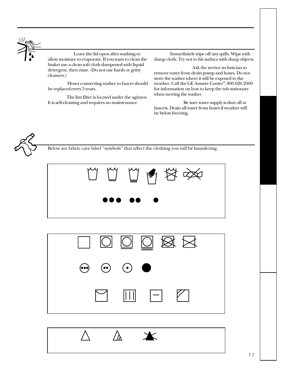 Care and cleaning of the washer, Fabric care labels, Machine wash cycle | Water temperature, Tumble dry, Heat setting, Special instructions, Bleach symbols, Wash labels dry labels bleach labels | GE WCXR1070 User Manual | Page 11 / 16