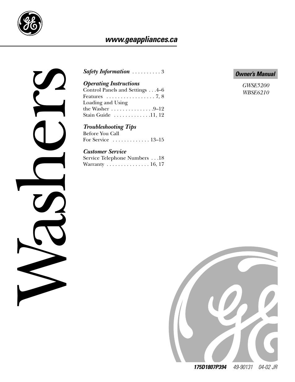 GE WBSE6210 User Manual | 18 pages