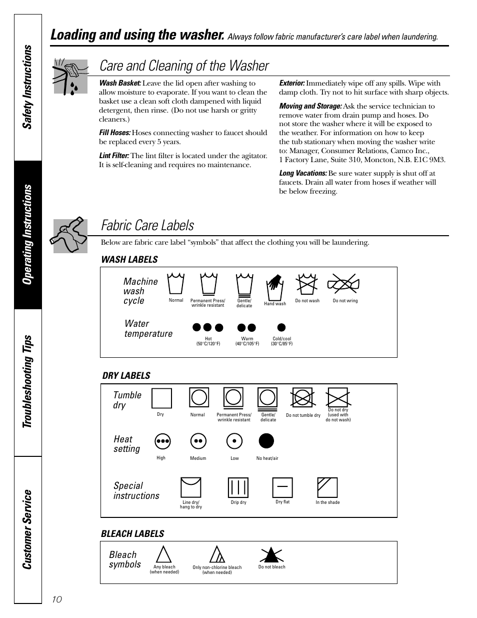 Loading and using the washer, Care and cleaning of the washer, Fabric care labels | Machine wash cycle, Water temperature, Tumble dry, Heat setting, Special instructions, Bleach symbols, Wash labels dry labels bleach labels | GE WBSE6210 User Manual | Page 10 / 18