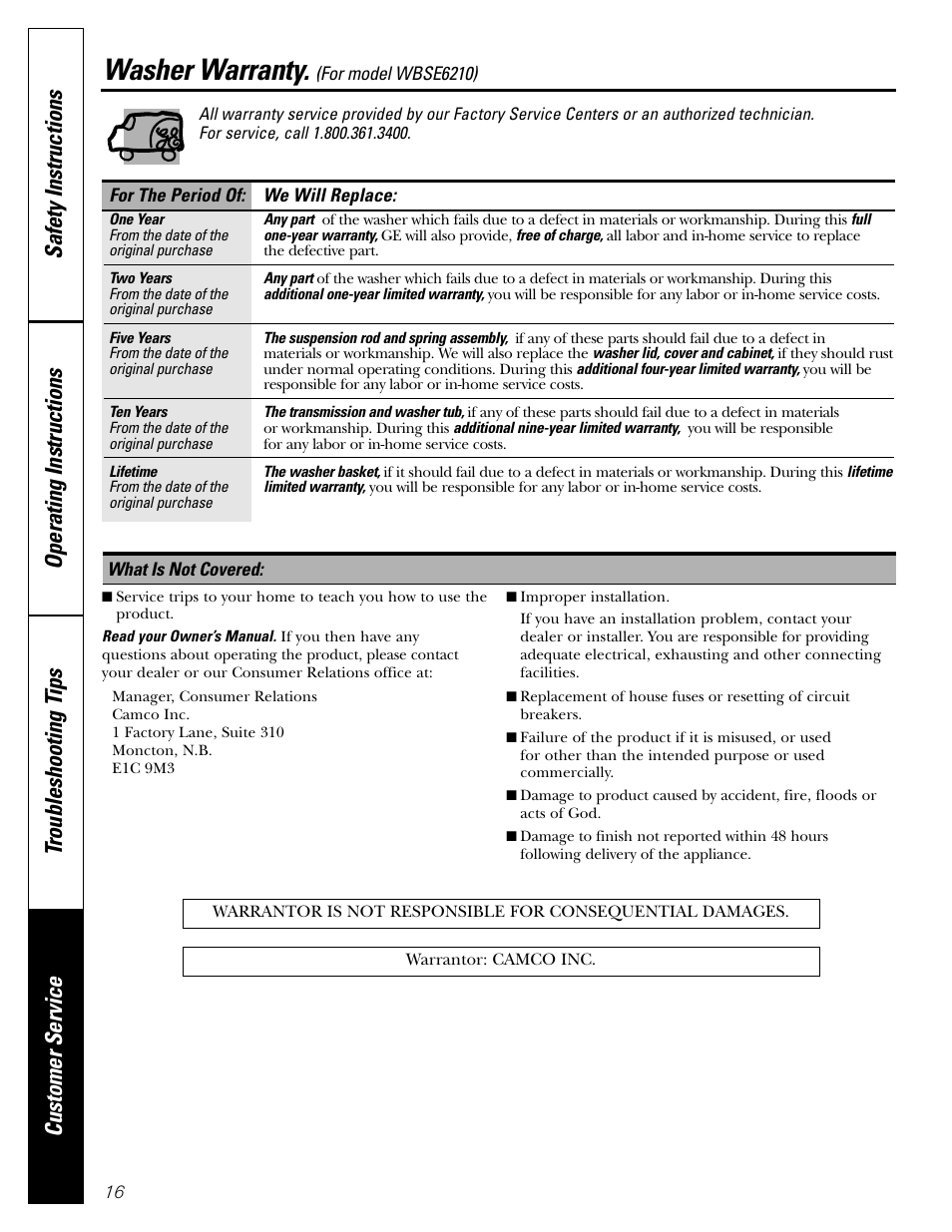 Warranty, Warranty , 17, Washer warranty | GE WBSE6210 User Manual | Page 16 / 18