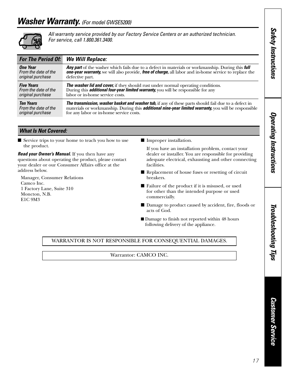 Washer warranty | GE WBSE6210 User Manual | Page 17 / 18