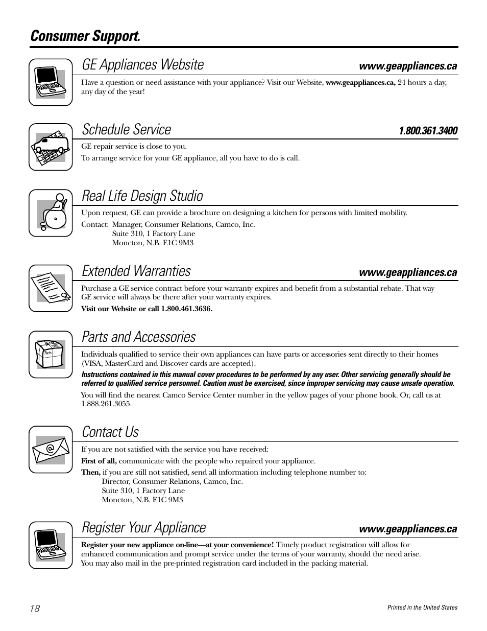 Service telephone numbers, Consumer support. ge appliances website, Schedule service | Real life design studio, Extended warranties, Parts and accessories, Contact us, Register your appliance | GE WBSE6210 User Manual | Page 18 / 18